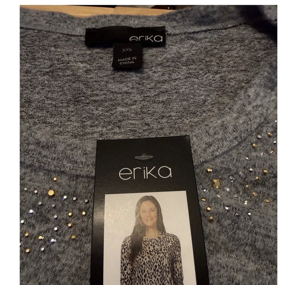 Erika Women's Grey Heathered‎ Long Sleeve Rhinestone Embellished Tunic Top XXL